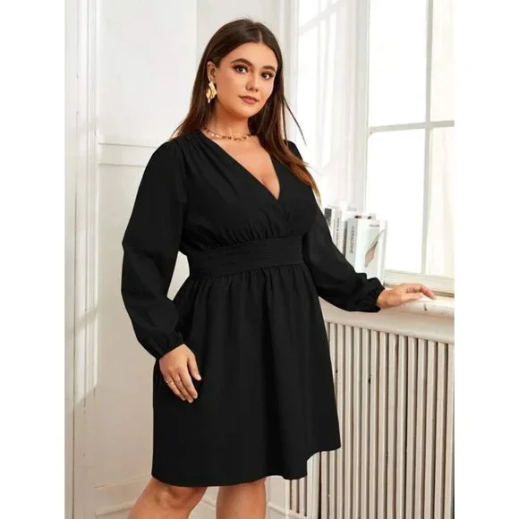 NEW Womens Plus Surplice Neck Lantern Sleeve Dress 4XL Plus 20 Black - Picture 1 of 6